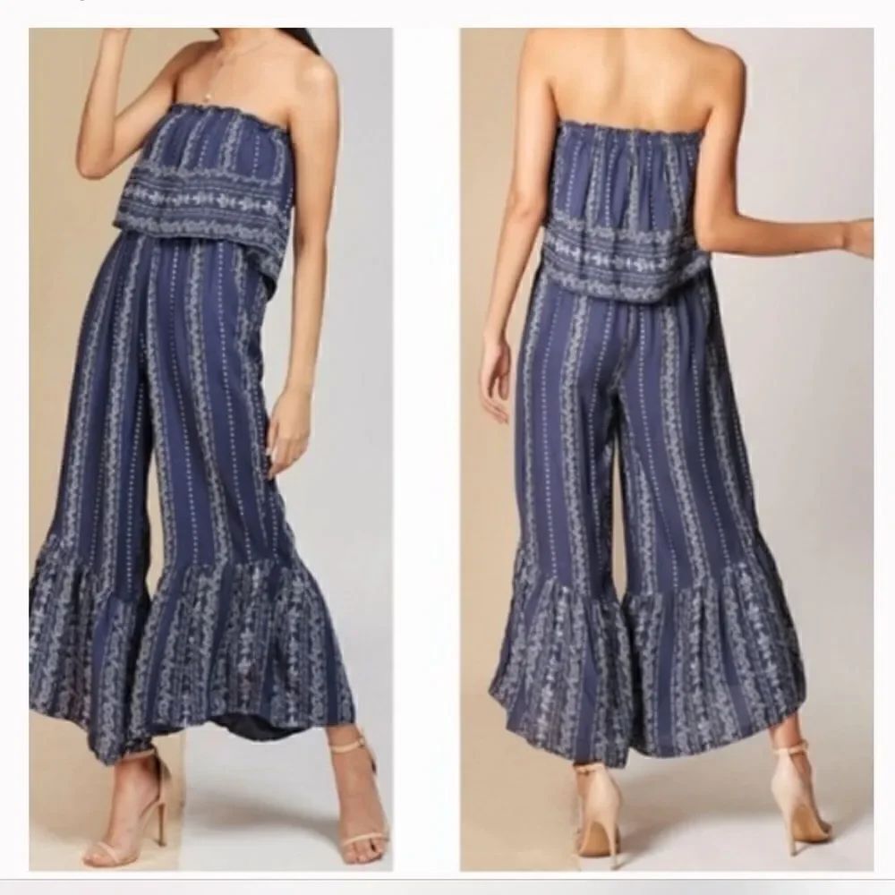 Japna Blue White Floral Vine Print Ruffled Strapless Boho Romper NEW